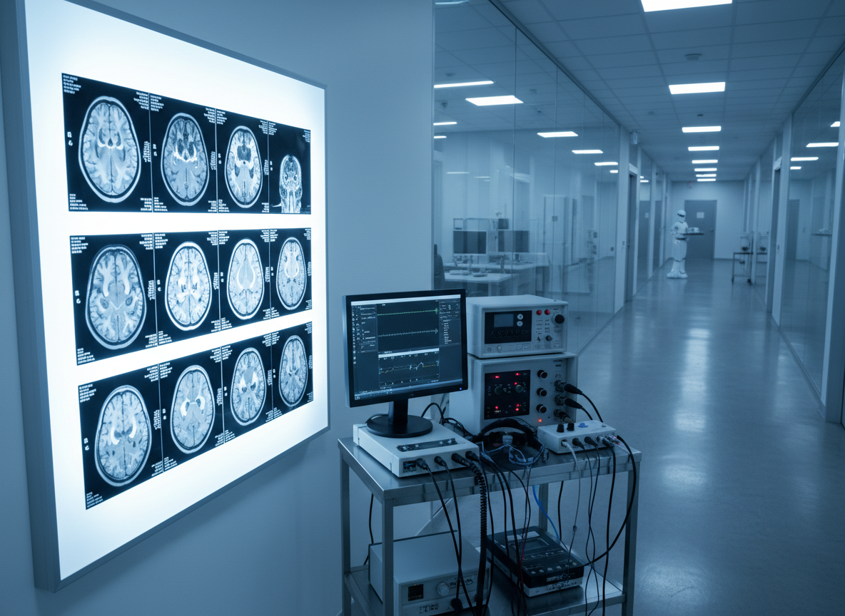 Clinical photo of brain MRI scans on a lightbox and neurological research equipment