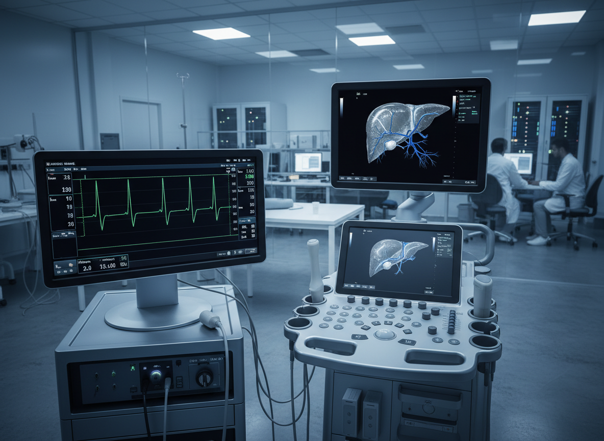 Clinical photo of cardiovascular monitoring and liver ultrasound equipment in a modern medical research facility
