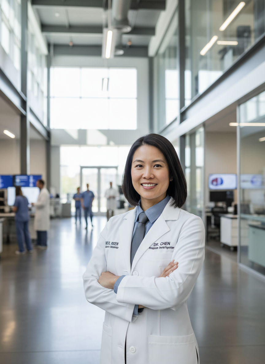 Professional portrait of a board-certified physician investigator in a white lab coat, confident and approachable, standing in a bright modern medical facility, natural light, steel blue and slate gray tones, corporate healthcare photography