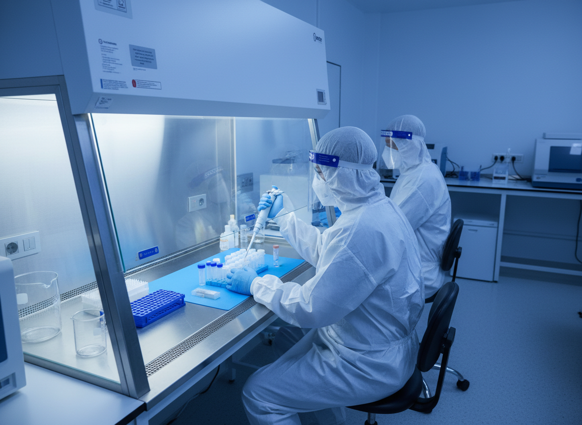 Clinical photo of infectious disease research laboratory, pipetting samples under fume hood