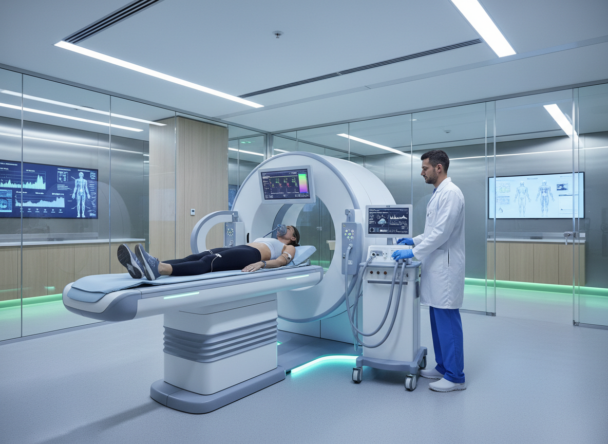 Clinical photo of body composition measurement and metabolic health assessment in a modern research clinic