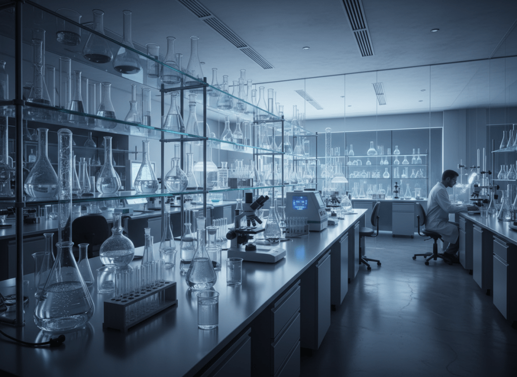 Elegant pharmaceutical laboratory with glassware, test tubes and scientific equipment, soft blue and white tones, modern and clean, cinematic quality