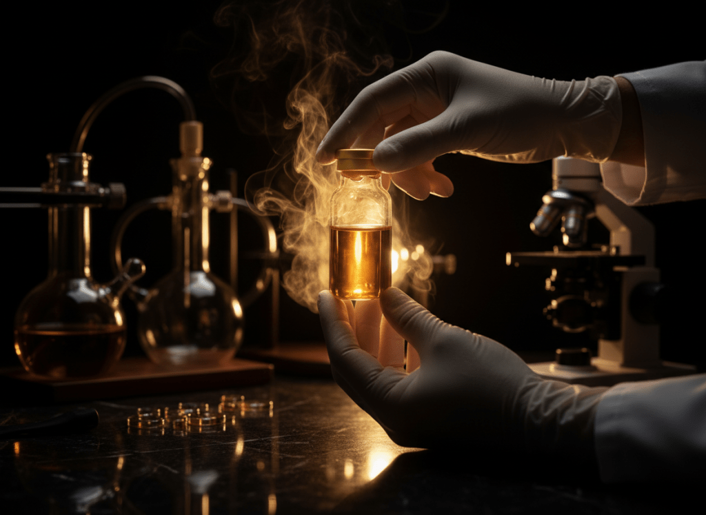 Sophisticated, elegant, elevated clinical research scene. A close-up of gloved hands holding a glowing golden vial in a dark, moody laboratory. Deep black background with rich gold and amber lighting illuminating the glass vial and scientific instruments. High-end pharmaceutical research aesthetic, cinematic lighting, ultra sharp detail, luxury editorial style.